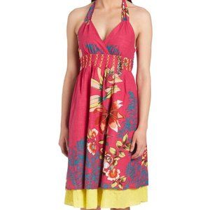 Fuchsia & Yellow Halter Dress ☆ Size L ☆ 100% Cotton
